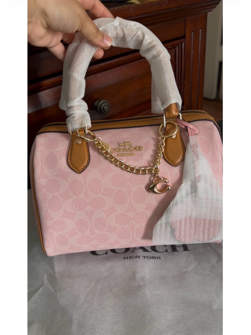 Coach Pink Logo Canvas Satchel with Tan Trim and Gold Chain